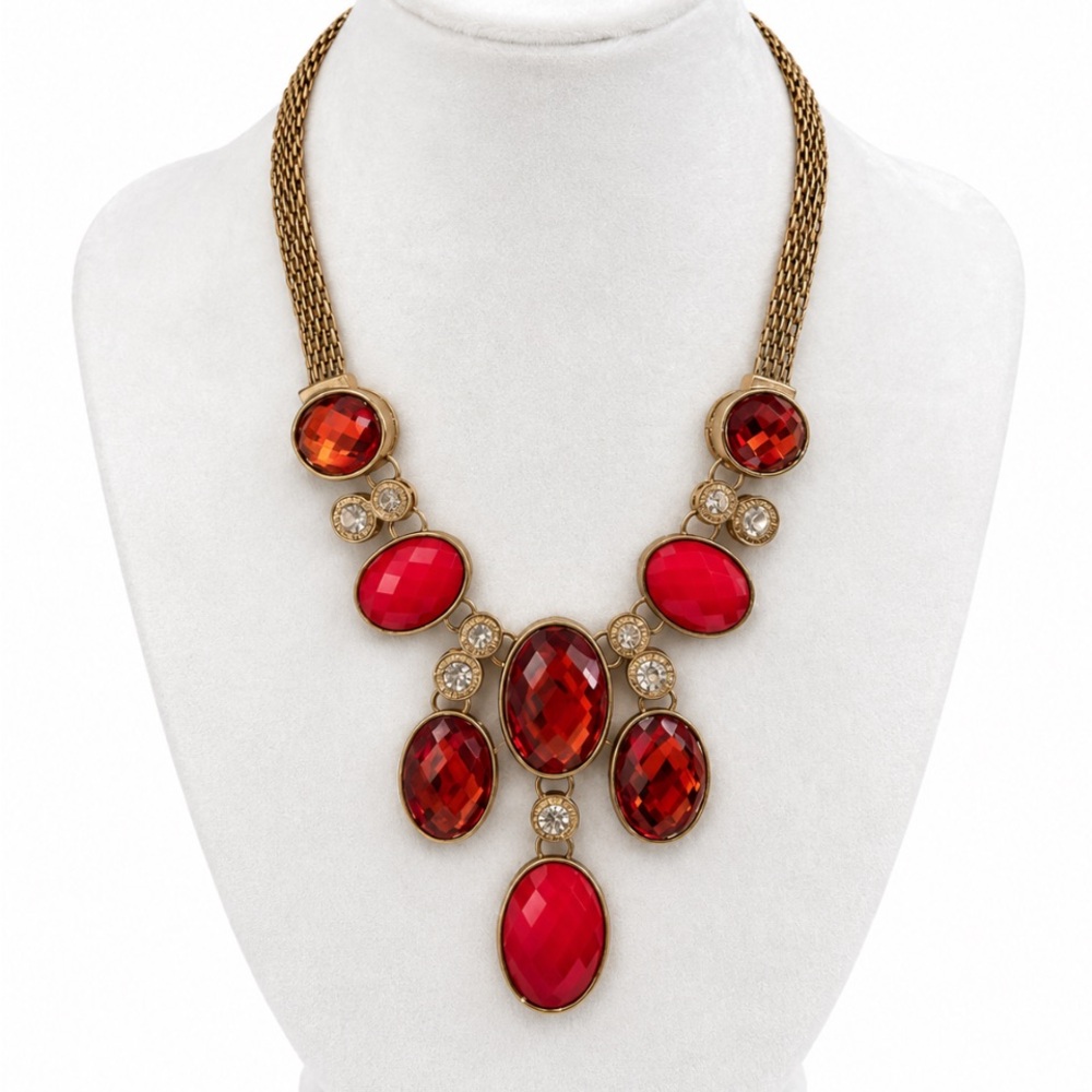 Red Statement Bib Necklace - Gold Tone